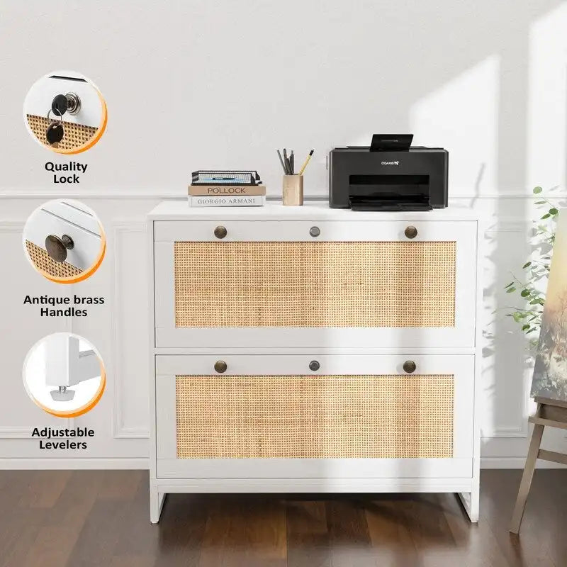 Lateral 2 Drawer Wood Rattan File Cabinet with Lock for Home Office