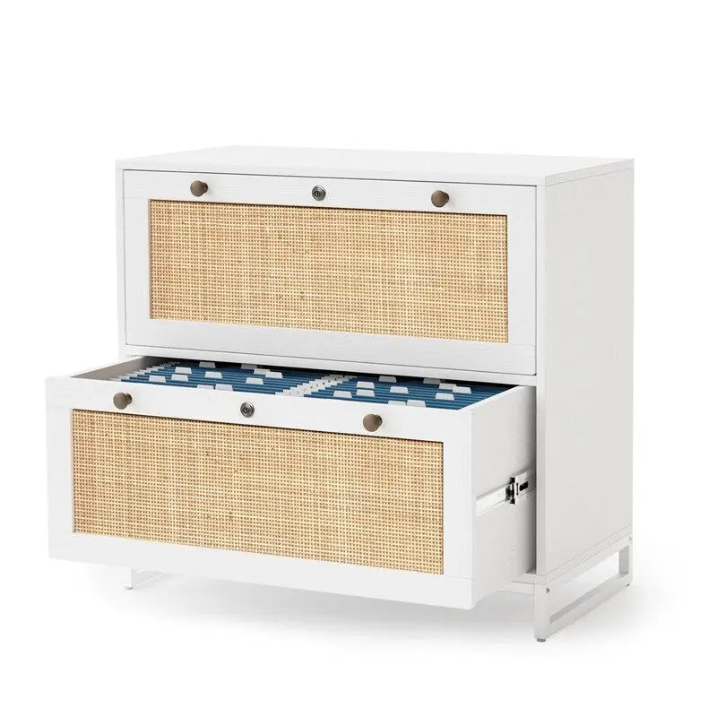 Lateral 2 Drawer Wood Rattan File Cabinet with Lock for Home Office