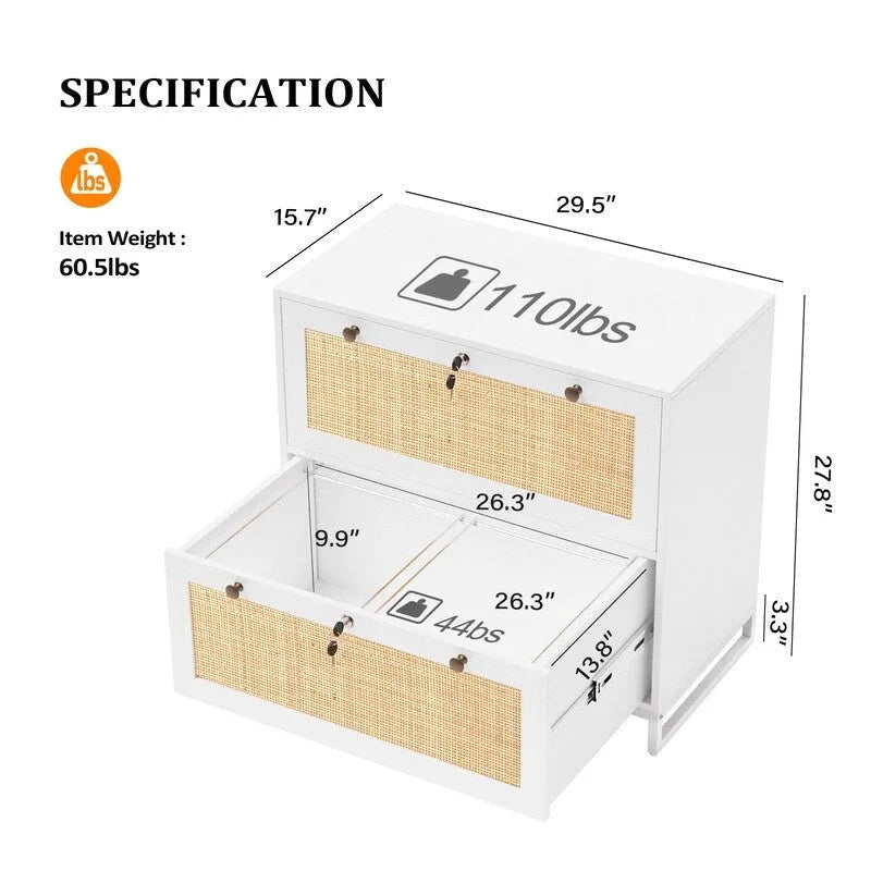Lateral 2 Drawer Wood Rattan File Cabinet with Lock for Home Office