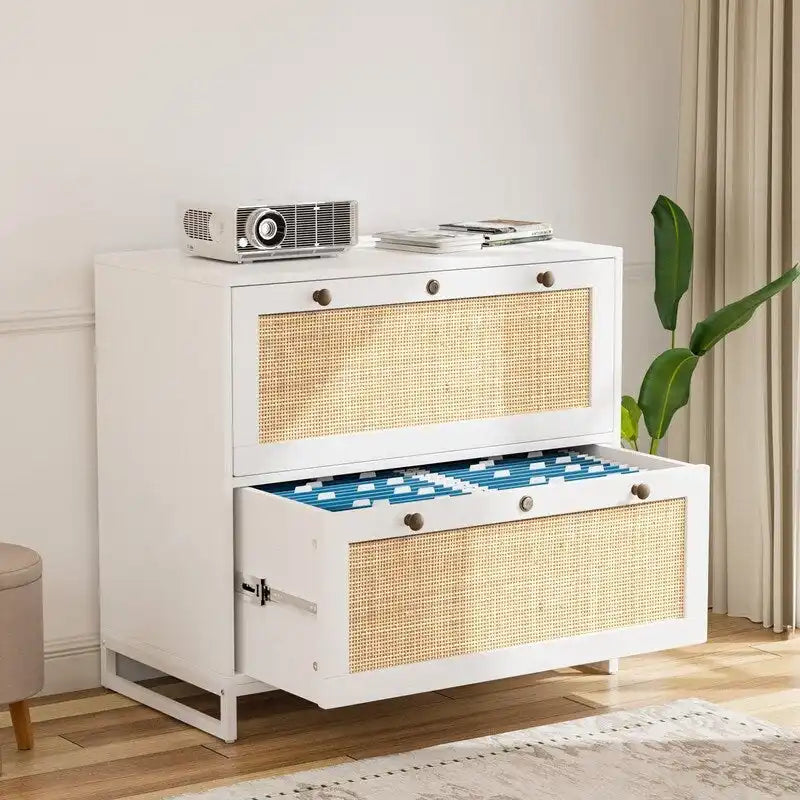 Lateral 2 Drawer Wood Rattan File Cabinet with Lock for Home Office