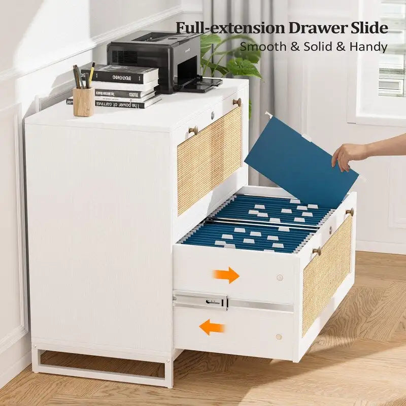 Lateral 2 Drawer Wood Rattan File Cabinet with Lock for Home Office