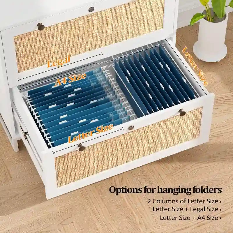 Lateral 2 Drawer Wood Rattan File Cabinet with Lock for Home Office