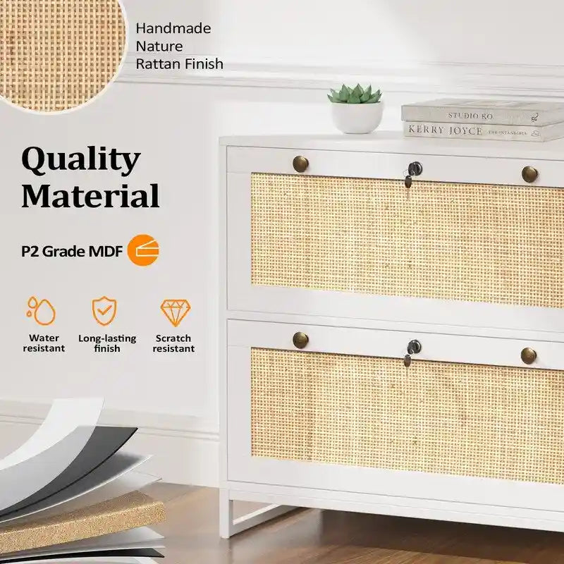 Lateral 2 Drawer Wood Rattan File Cabinet with Lock for Home Office