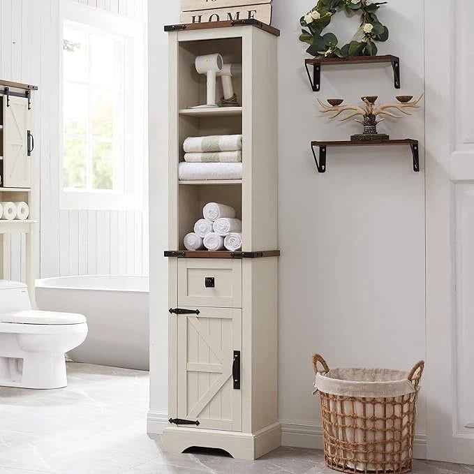 Farmhouse Tall Linen Tower Bathroom Storage Cabinet with Barn Door