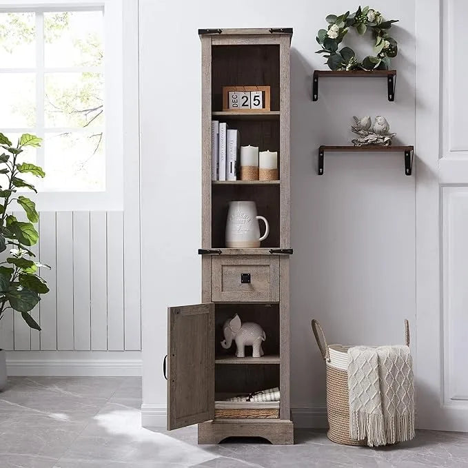 Farmhouse Tall Linen Tower Bathroom Storage Cabinet with Barn Door