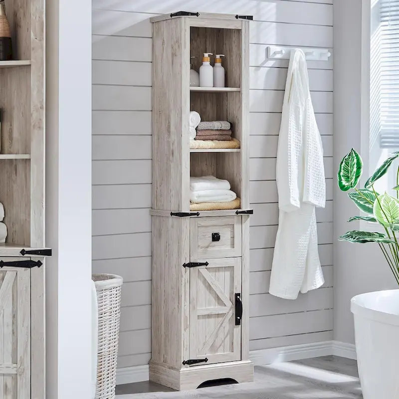 Farmhouse Tall Linen Tower Bathroom Storage Cabinet with Barn Door