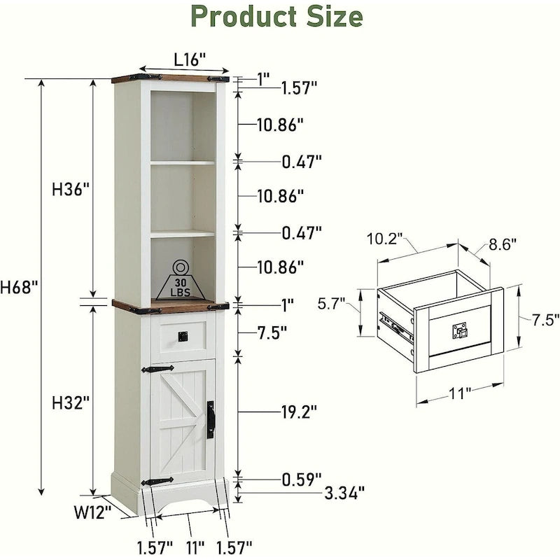 Farmhouse Tall Linen Tower Bathroom Storage Cabinet with Barn Door