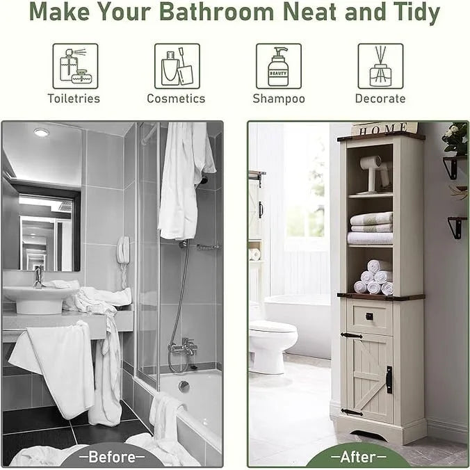 Farmhouse Tall Linen Tower Bathroom Storage Cabinet with Barn Door