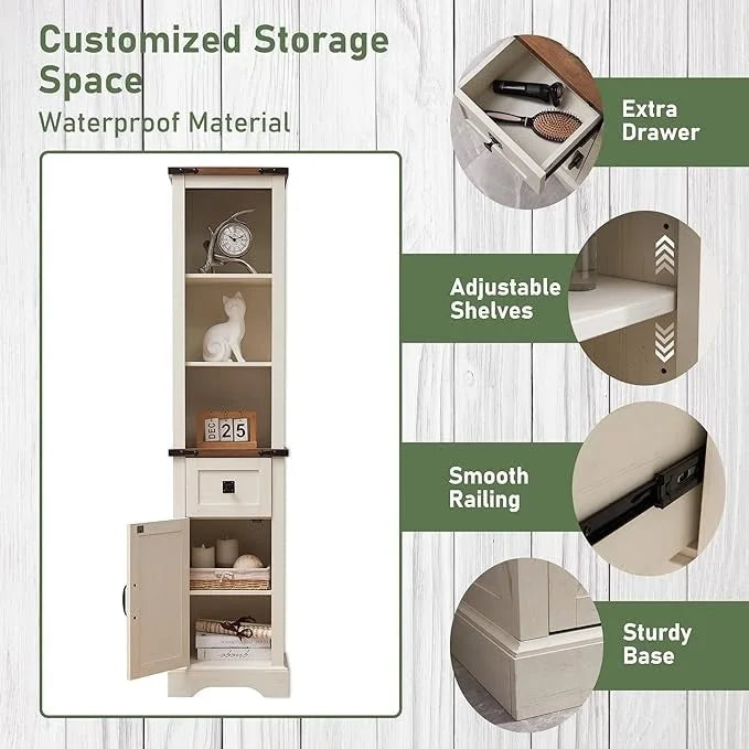 Farmhouse Tall Linen Tower Bathroom Storage Cabinet with Barn Door