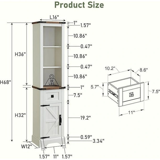 Farmhouse Tall Linen Tower Bathroom Storage Cabinet with Barn Door