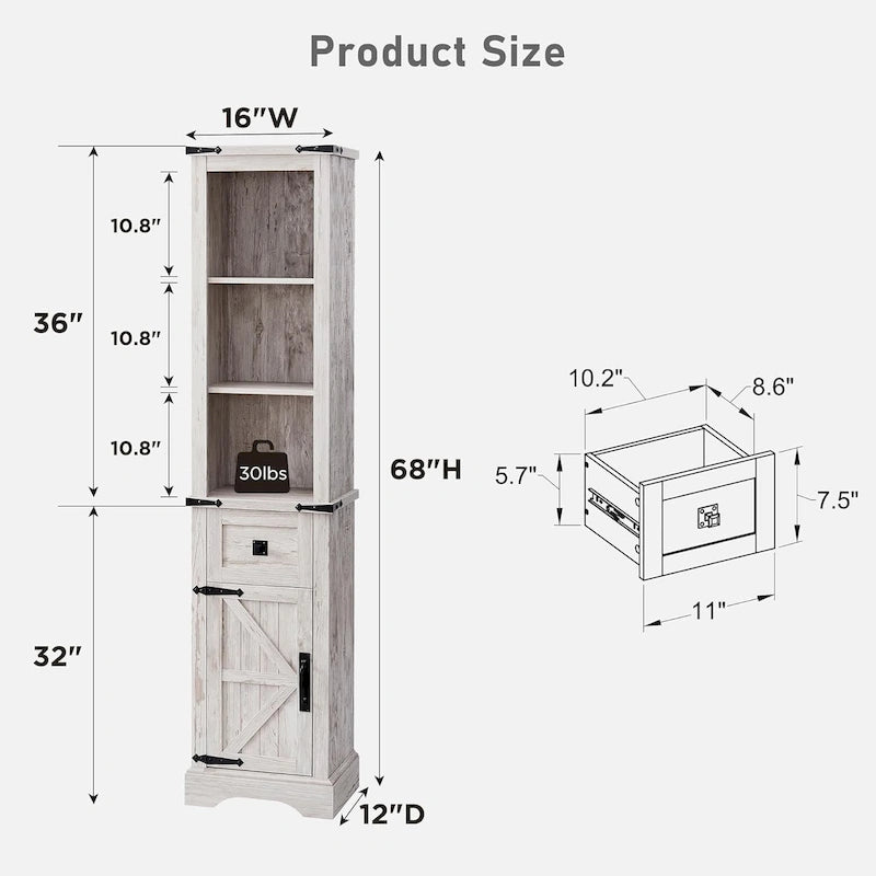 Farmhouse Tall Linen Tower Bathroom Storage Cabinet with Barn Door