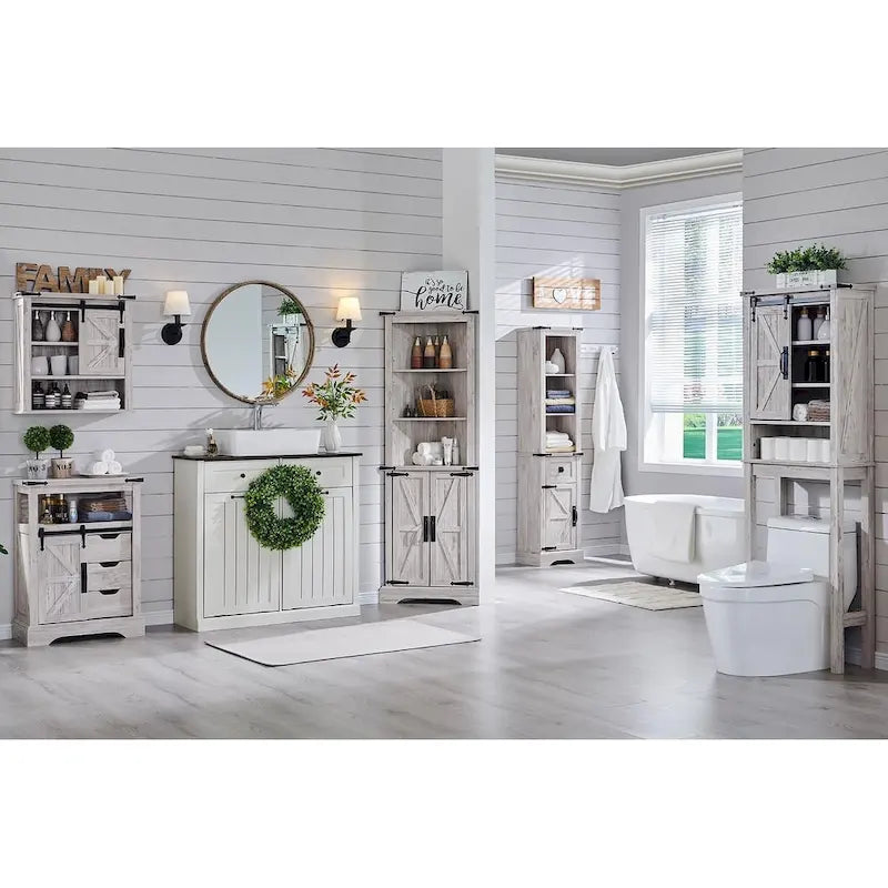Farmhouse Tall Linen Tower Bathroom Storage Cabinet with Barn Door