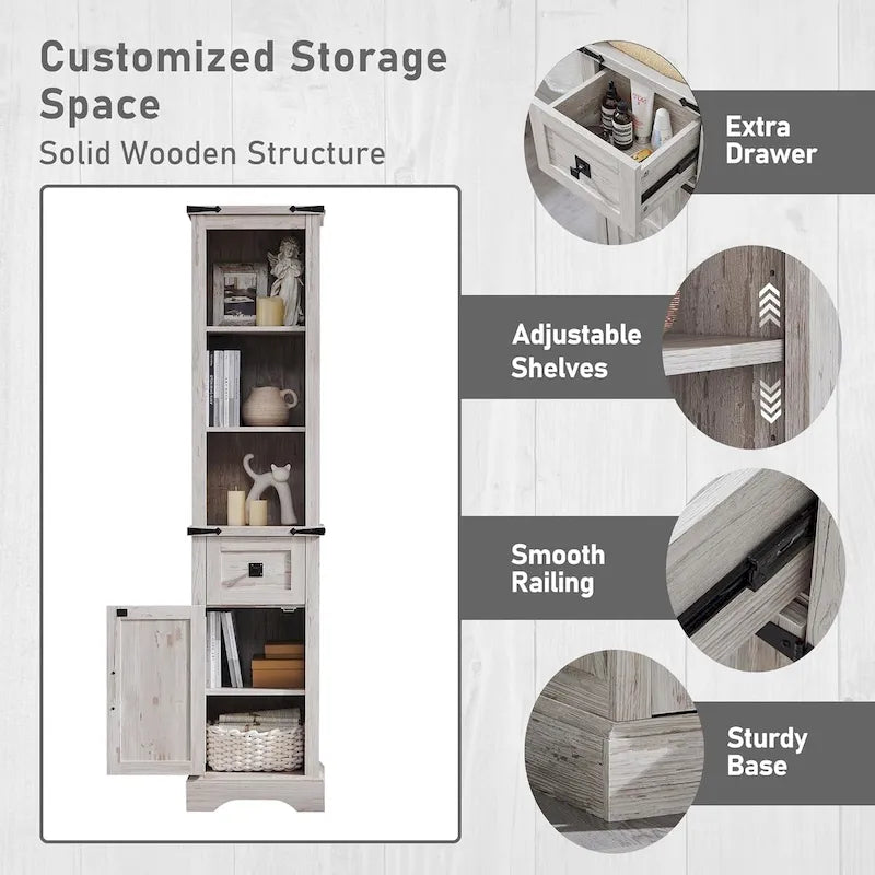 Farmhouse Tall Linen Tower Bathroom Storage Cabinet with Barn Door