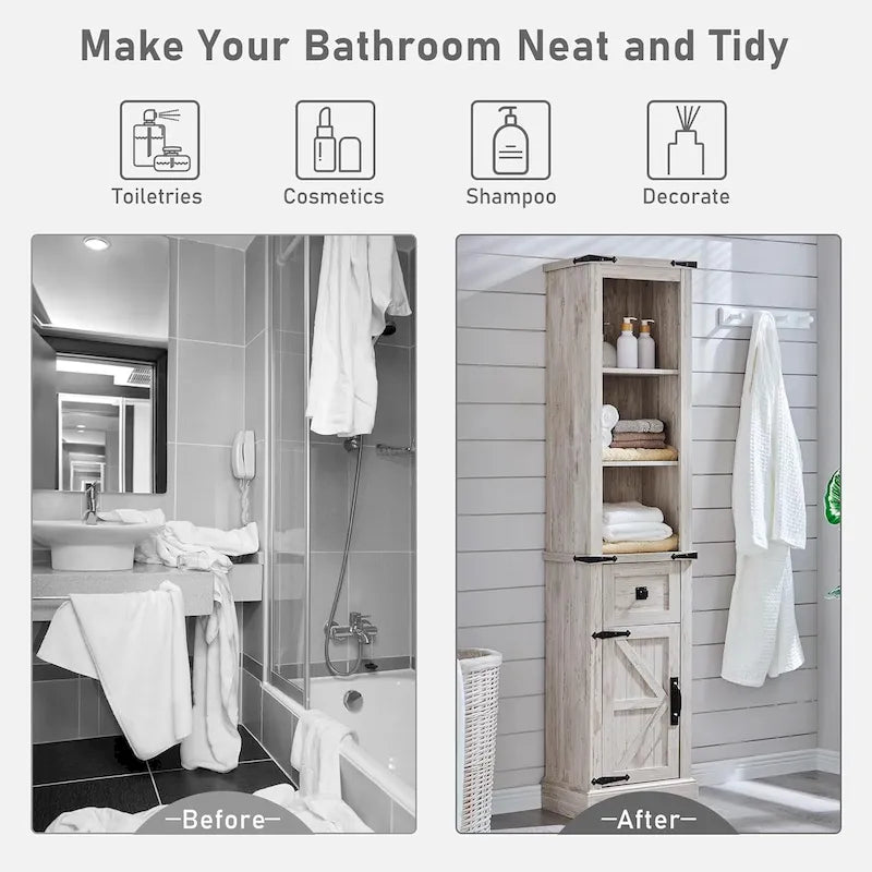 Farmhouse Tall Linen Tower Bathroom Storage Cabinet with Barn Door