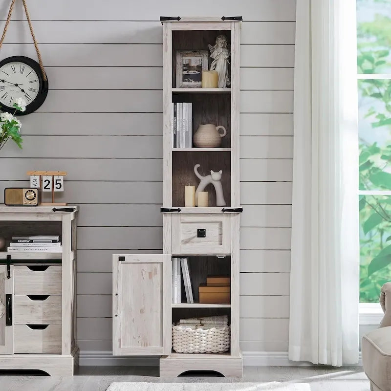 Farmhouse Tall Linen Tower Bathroom Storage Cabinet with Barn Door
