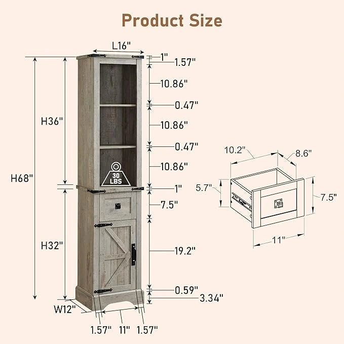 Farmhouse Tall Linen Tower Bathroom Storage Cabinet with Barn Door
