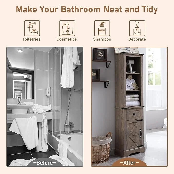 Farmhouse Tall Linen Tower Bathroom Storage Cabinet with Barn Door