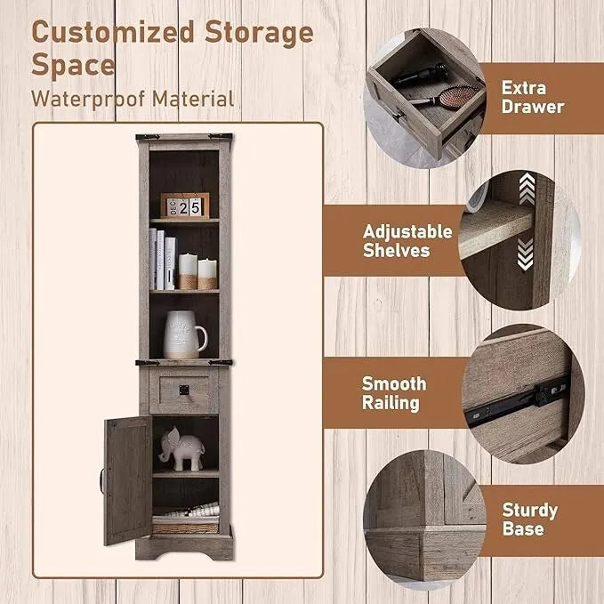 Farmhouse Tall Linen Tower Bathroom Storage Cabinet with Barn Door