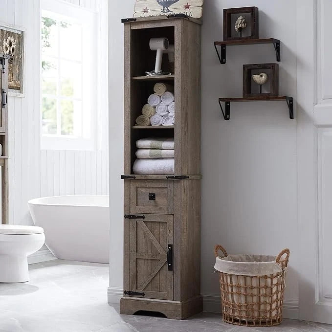 Farmhouse Tall Linen Tower Bathroom Storage Cabinet with Barn Door