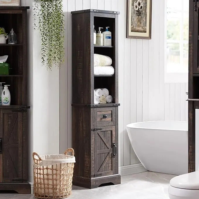 Farmhouse Tall Linen Tower Bathroom Storage Cabinet with Barn Door