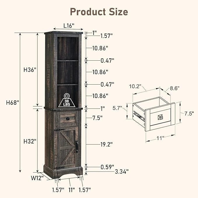 Farmhouse Tall Linen Tower Bathroom Storage Cabinet with Barn Door