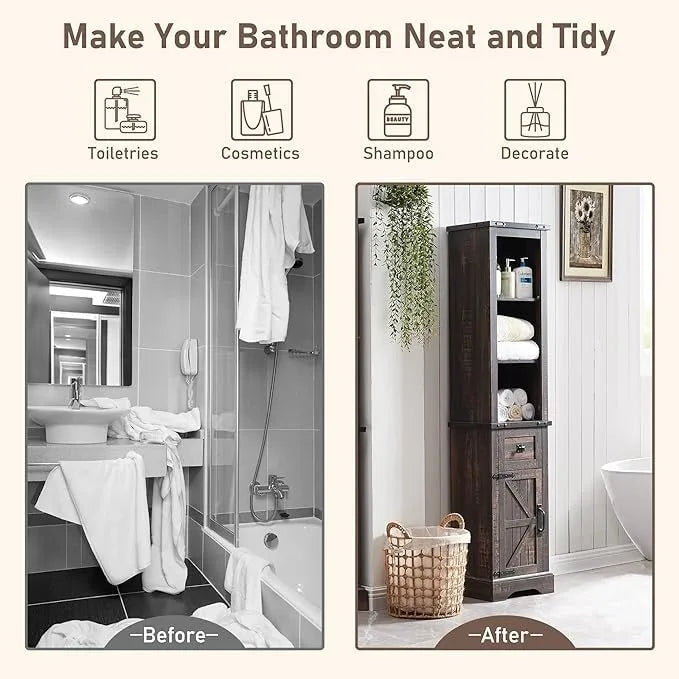 Farmhouse Tall Linen Tower Bathroom Storage Cabinet with Barn Door