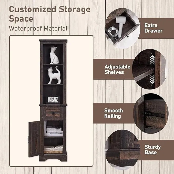 Farmhouse Tall Linen Tower Bathroom Storage Cabinet with Barn Door