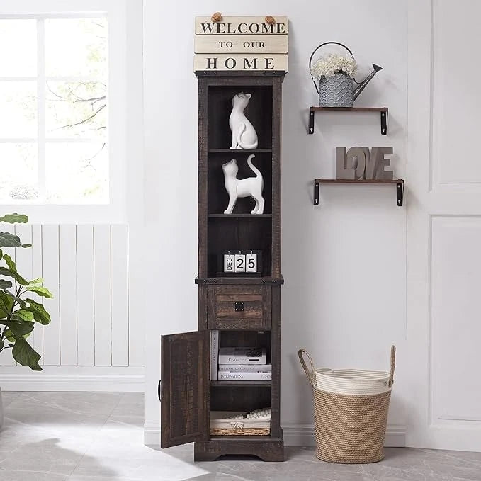 Farmhouse Tall Linen Tower Bathroom Storage Cabinet with Barn Door