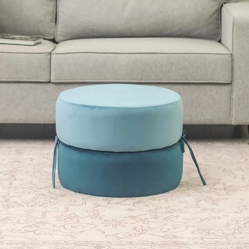 Round Upholstered Velvet Pouf Footrest Ottoman, Double Layer