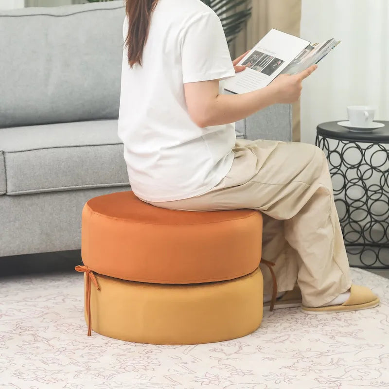 Round Upholstered Velvet Pouf Footrest Ottoman, Double Layer