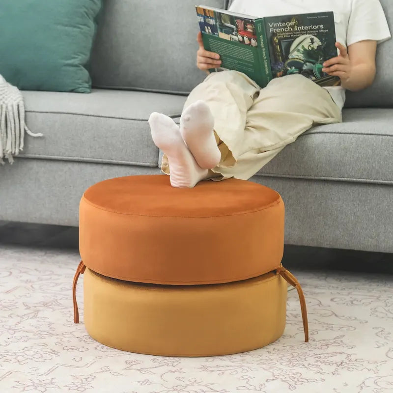 Round Upholstered Velvet Pouf Footrest Ottoman, Double Layer