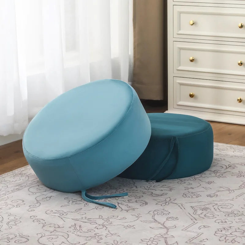 Round Upholstered Velvet Pouf Footrest Ottoman, Double Layer