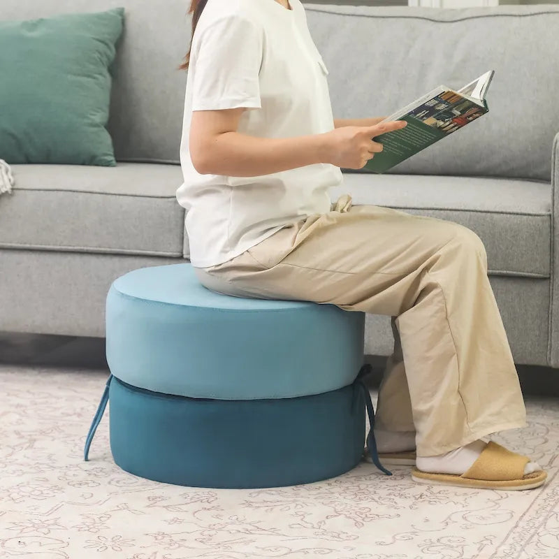 Round Upholstered Velvet Pouf Footrest Ottoman, Double Layer