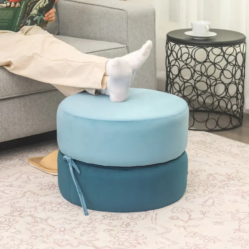 Round Upholstered Velvet Pouf Footrest Ottoman, Double Layer