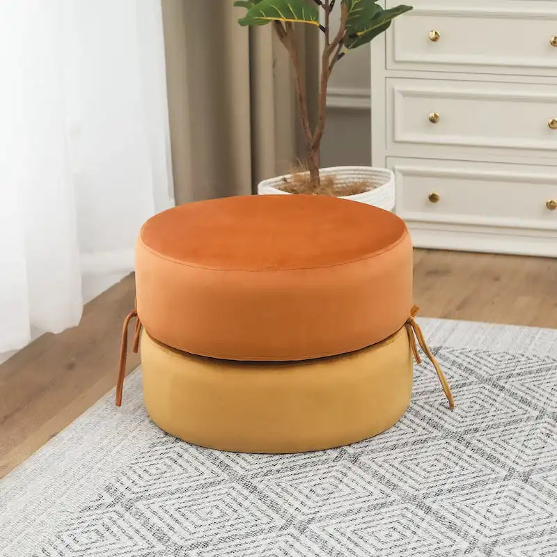 Round Upholstered Velvet Pouf Footrest Ottoman, Double Layer