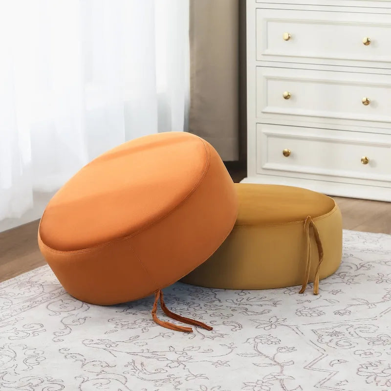 Round Upholstered Velvet Pouf Footrest Ottoman, Double Layer