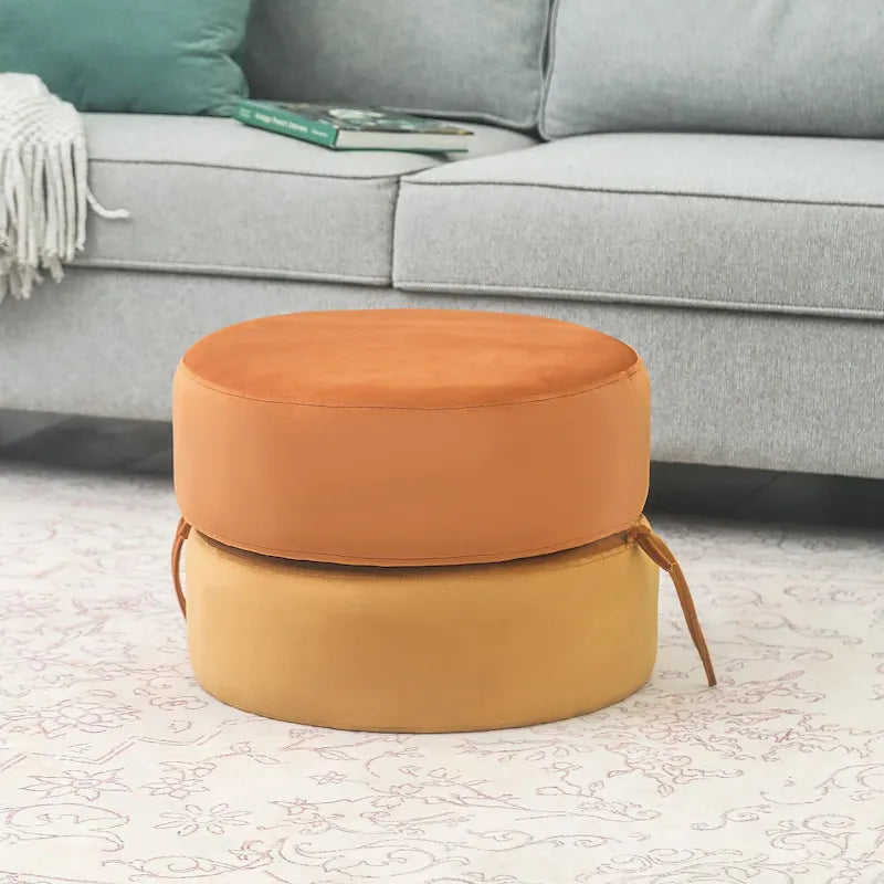 Round Upholstered Velvet Pouf Footrest Ottoman, Double Layer