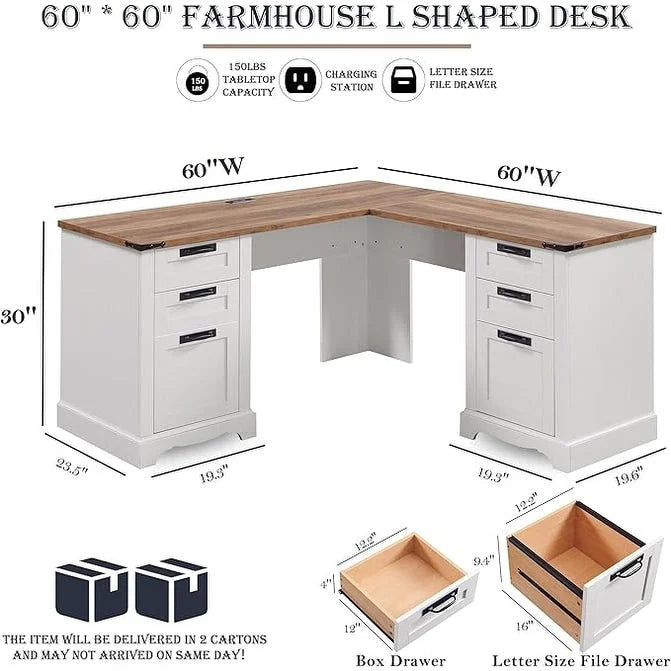 60-Inch Farmhouse L-Shaped Executive Wood Corner Desk