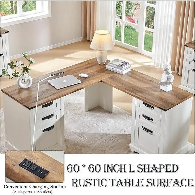 60-Inch Farmhouse L-Shaped Executive Wood Corner Desk