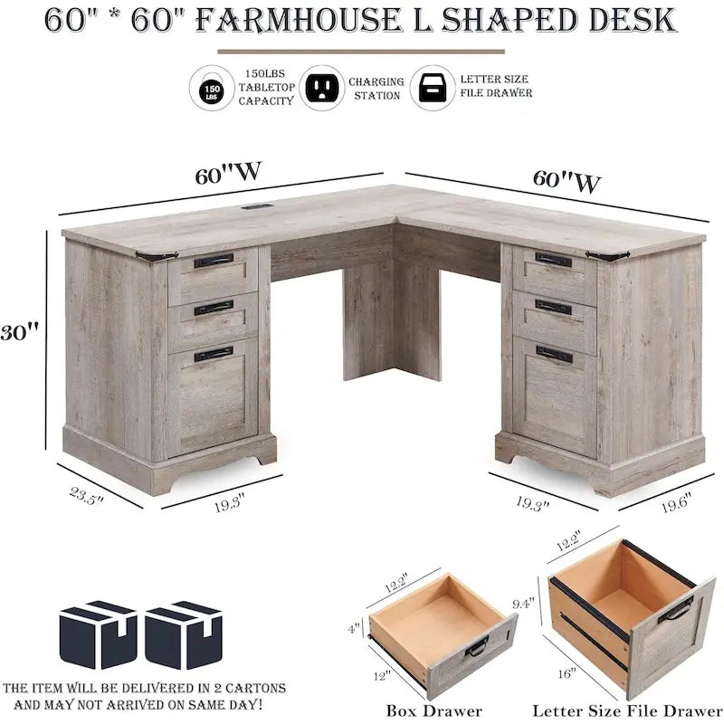 60-Inch Farmhouse L-Shaped Executive Wood Corner Desk