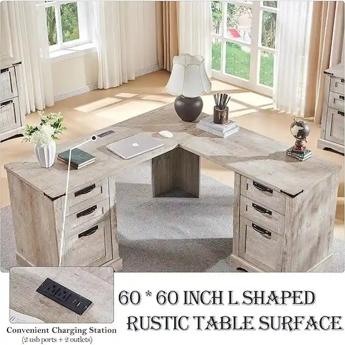 60-Inch Farmhouse L-Shaped Executive Wood Corner Desk