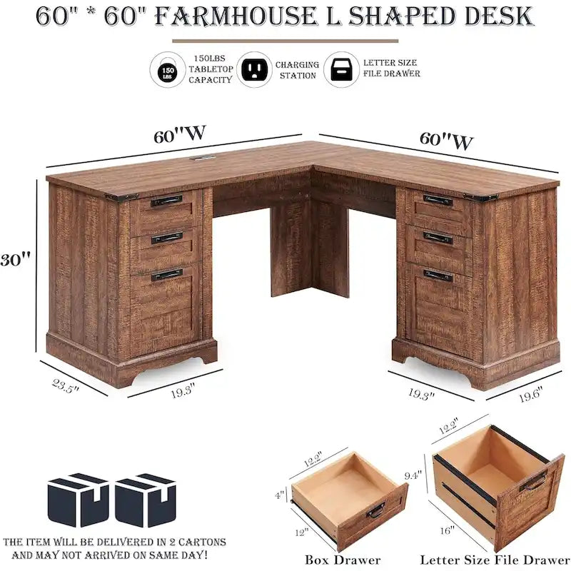60-Inch Farmhouse L-Shaped Executive Wood Corner Desk