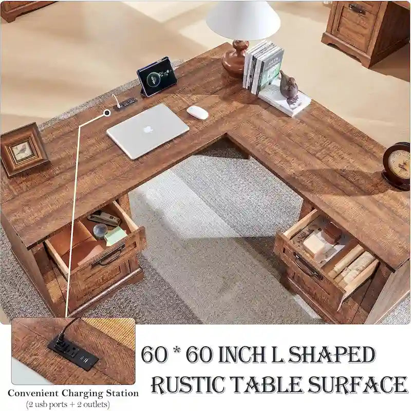 60-Inch Farmhouse L-Shaped Executive Wood Corner Desk