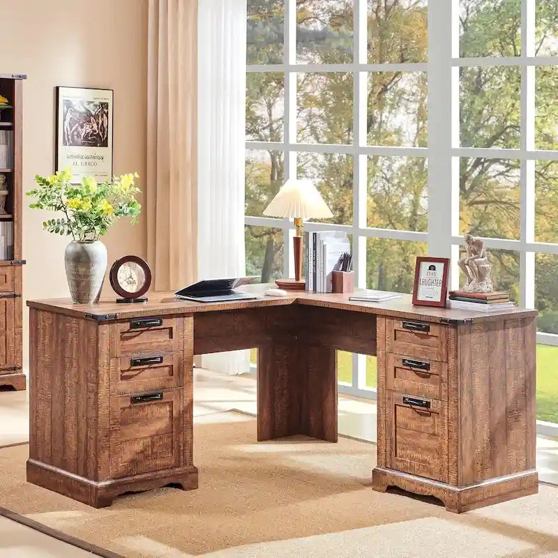 60-Inch Farmhouse L-Shaped Executive Wood Corner Desk