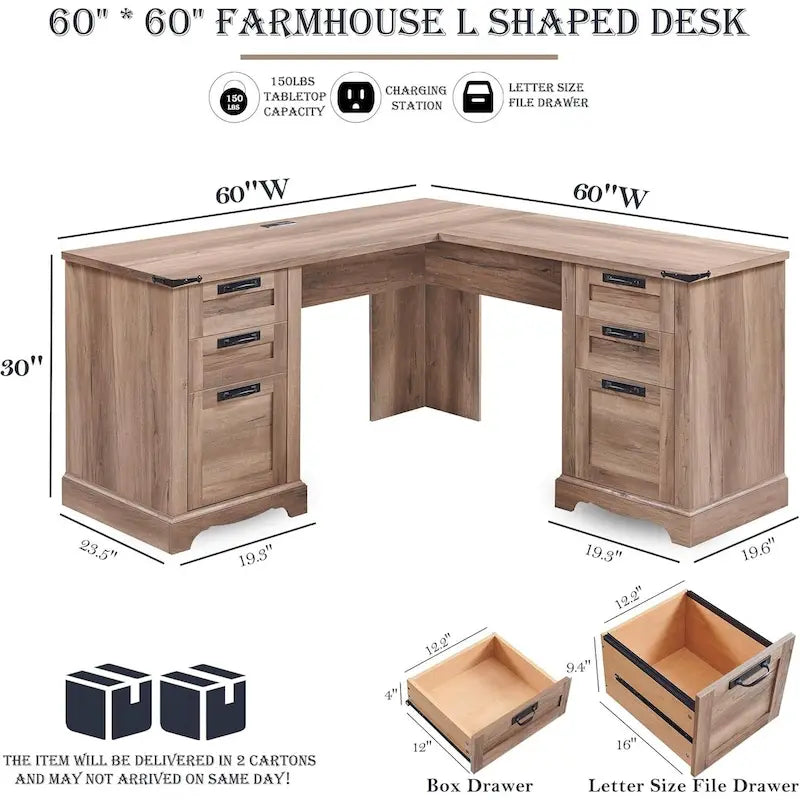 60-Inch Farmhouse L-Shaped Executive Wood Corner Desk