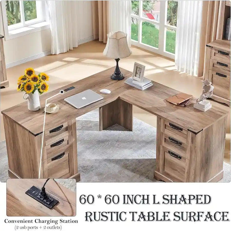 60-Inch Farmhouse L-Shaped Executive Wood Corner Desk