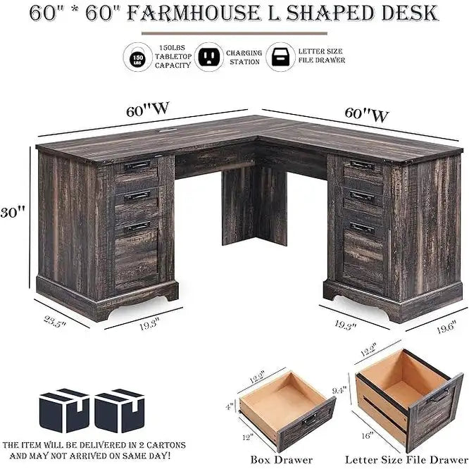 60-Inch Farmhouse L-Shaped Executive Wood Corner Desk