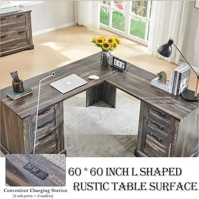 60-Inch Farmhouse L-Shaped Executive Wood Corner Desk