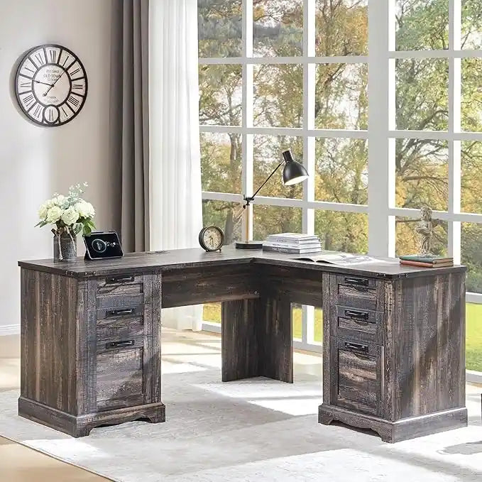 60-Inch Farmhouse L-Shaped Executive Wood Corner Desk